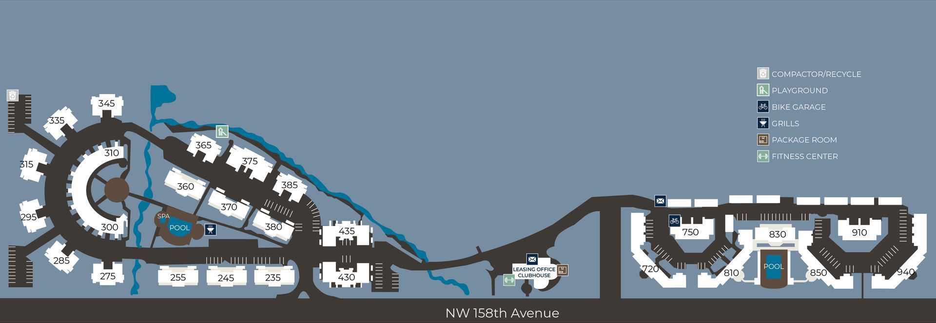 Floor plan of a building with a circular structure and several wings, likely a resort or campus, with a waterway.