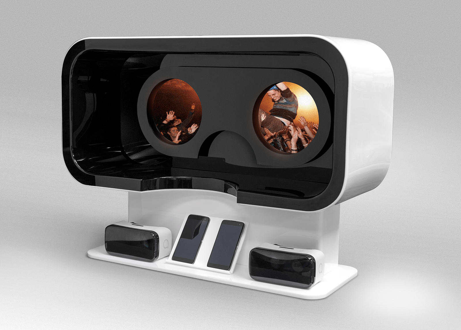 A virtual reality headset is sitting on a stand