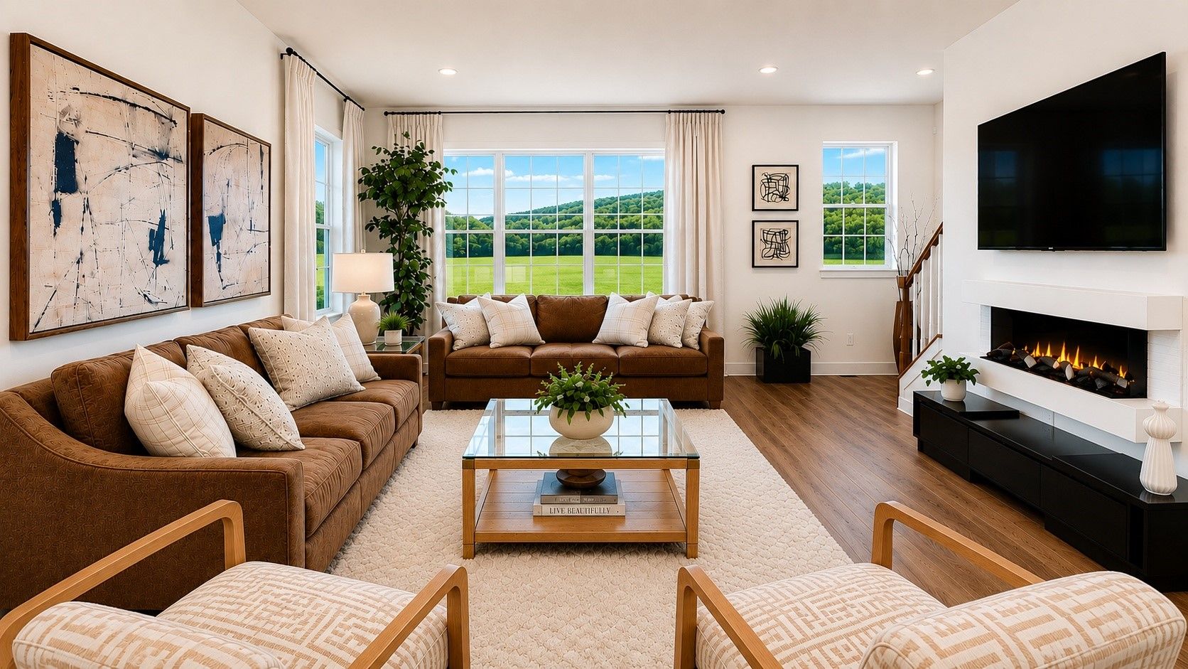 Modern living room with beige sofas, fireplace, wall TV, coffee table, and large windows overlooking a green landscape