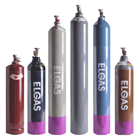 Six Elgas Gas Cylinders in Various Colors and Sizes, with Pink Bases — Kuranda Gas & Supplies In Koah, QLD