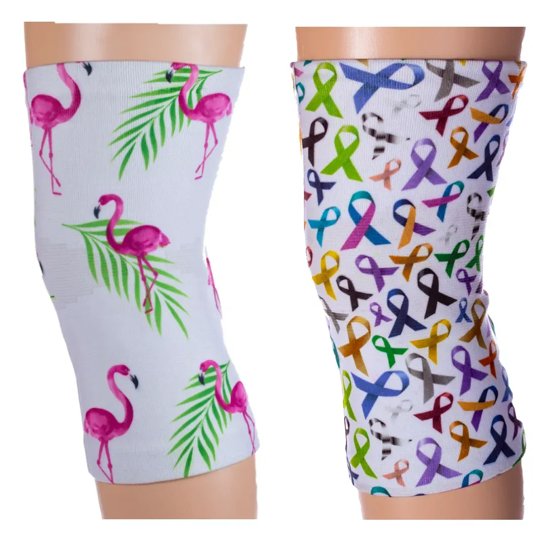 a pair of knee pads with flamingos and ribbons on them