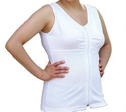 a woman is wearing a white tank top with a zipper on the front .