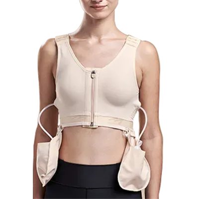 a woman is wearing a bra with a zipper and pockets .