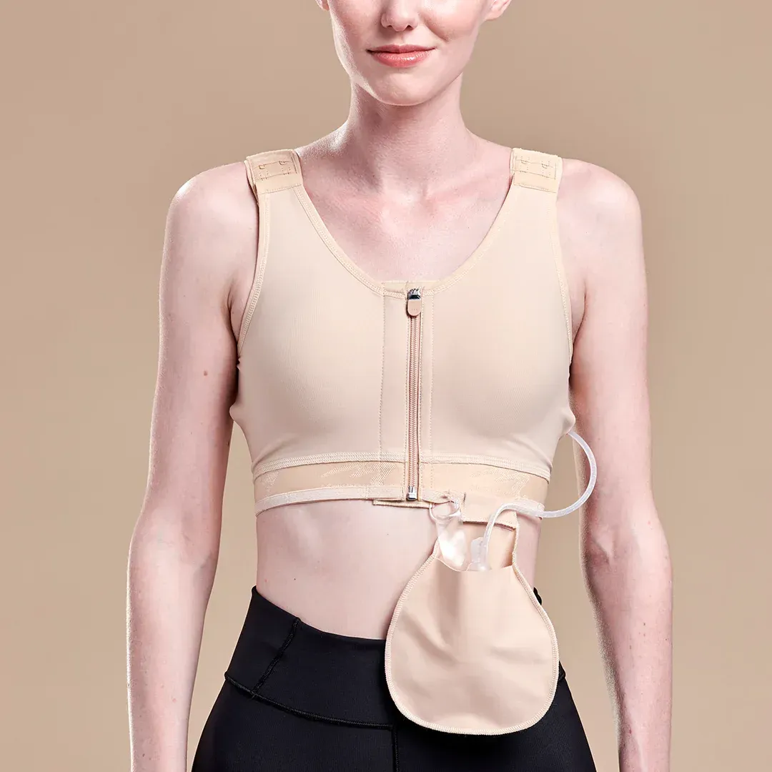 a woman wearing a bra with a bag attached to it