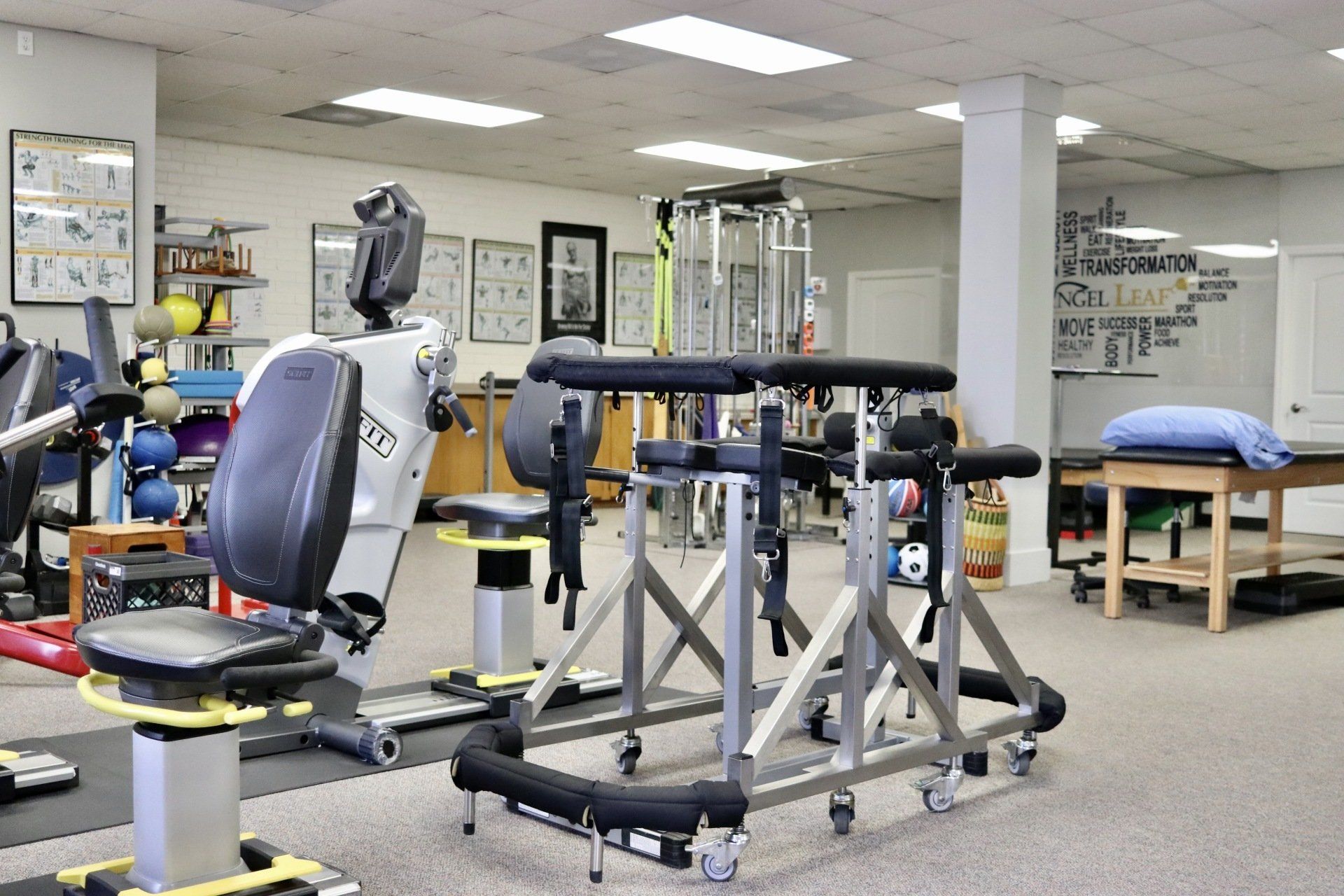 a room with a lot of exercise equipment and a walker