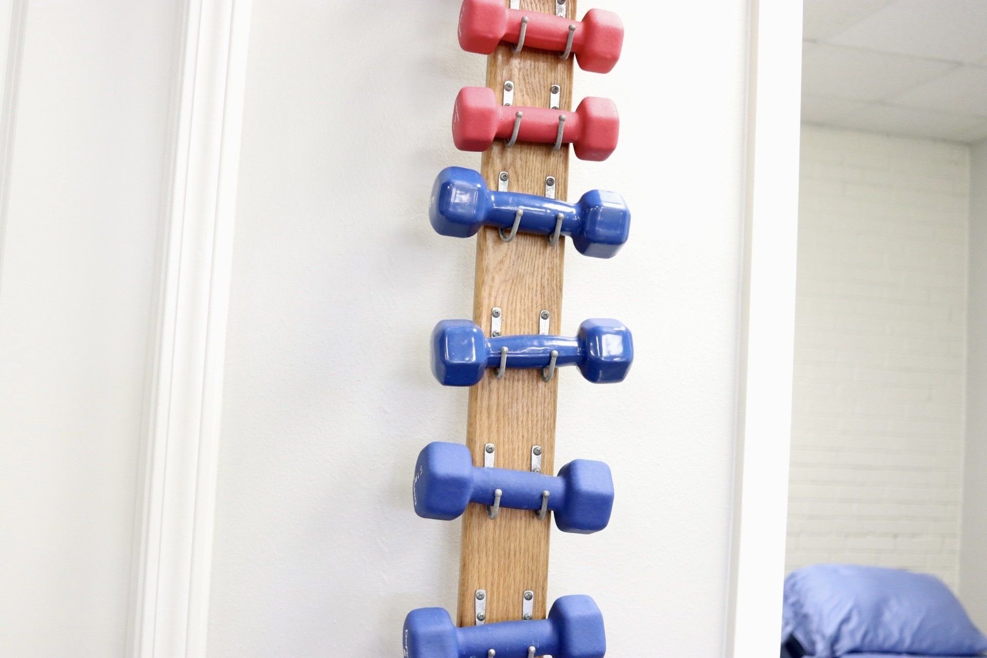 a row of red and blue dumbbells hanging on a wooden rack .