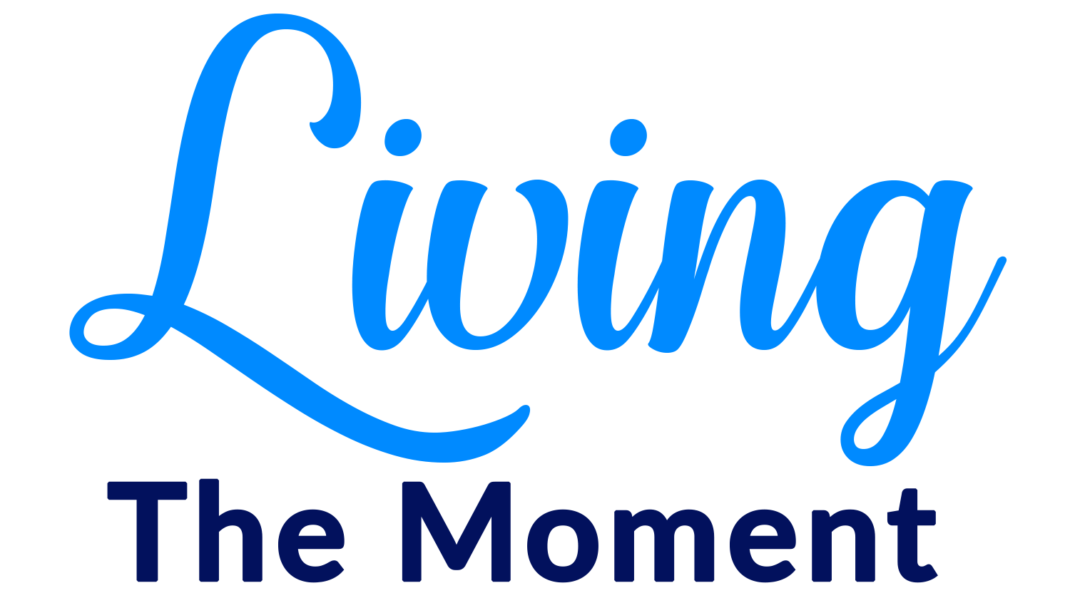 The logo for living the moment is blue and black on a white background.