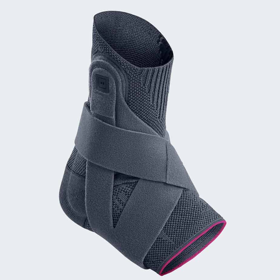 a gray and pink ankle brace on a white background