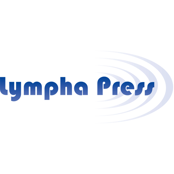 A blue logo for lympha press on a white background