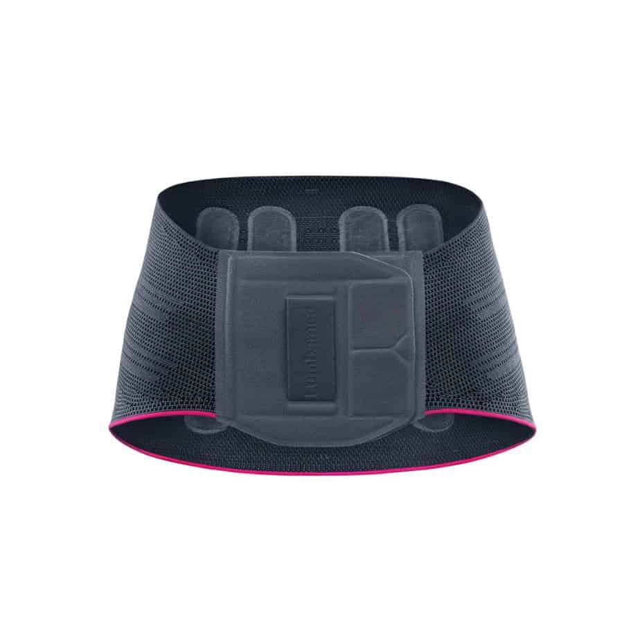 a black and pink back brace with a buckle on a white background .