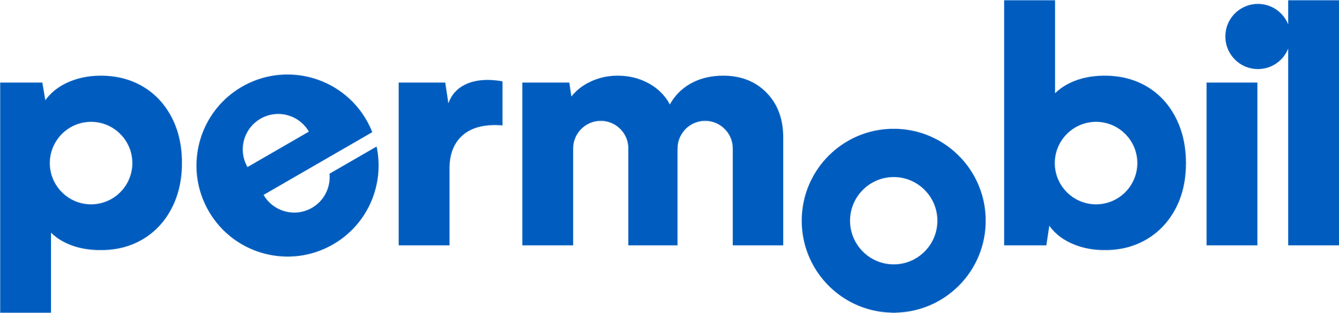 a blue permobil logo on a white background