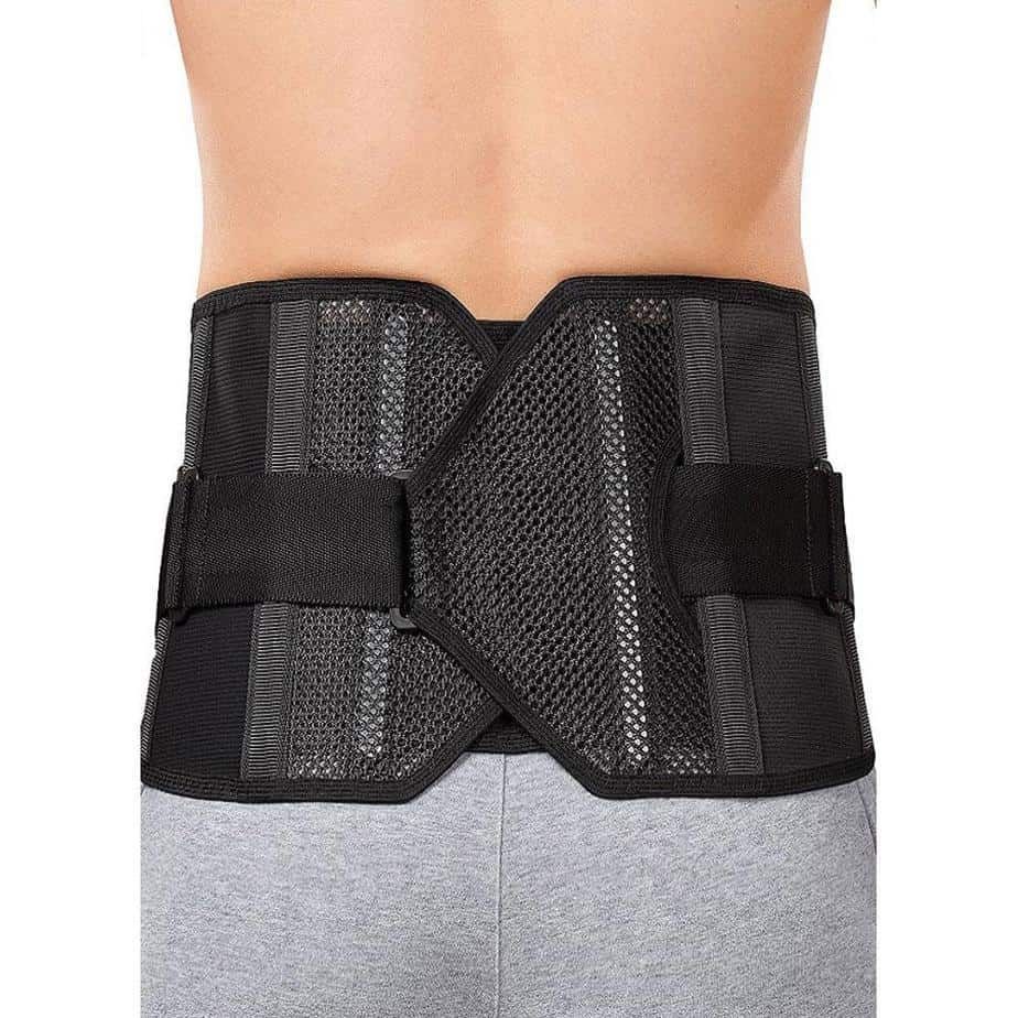 a person is wearing a black back brace on their back .