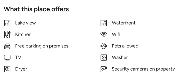 A list of what this place offers on a website.