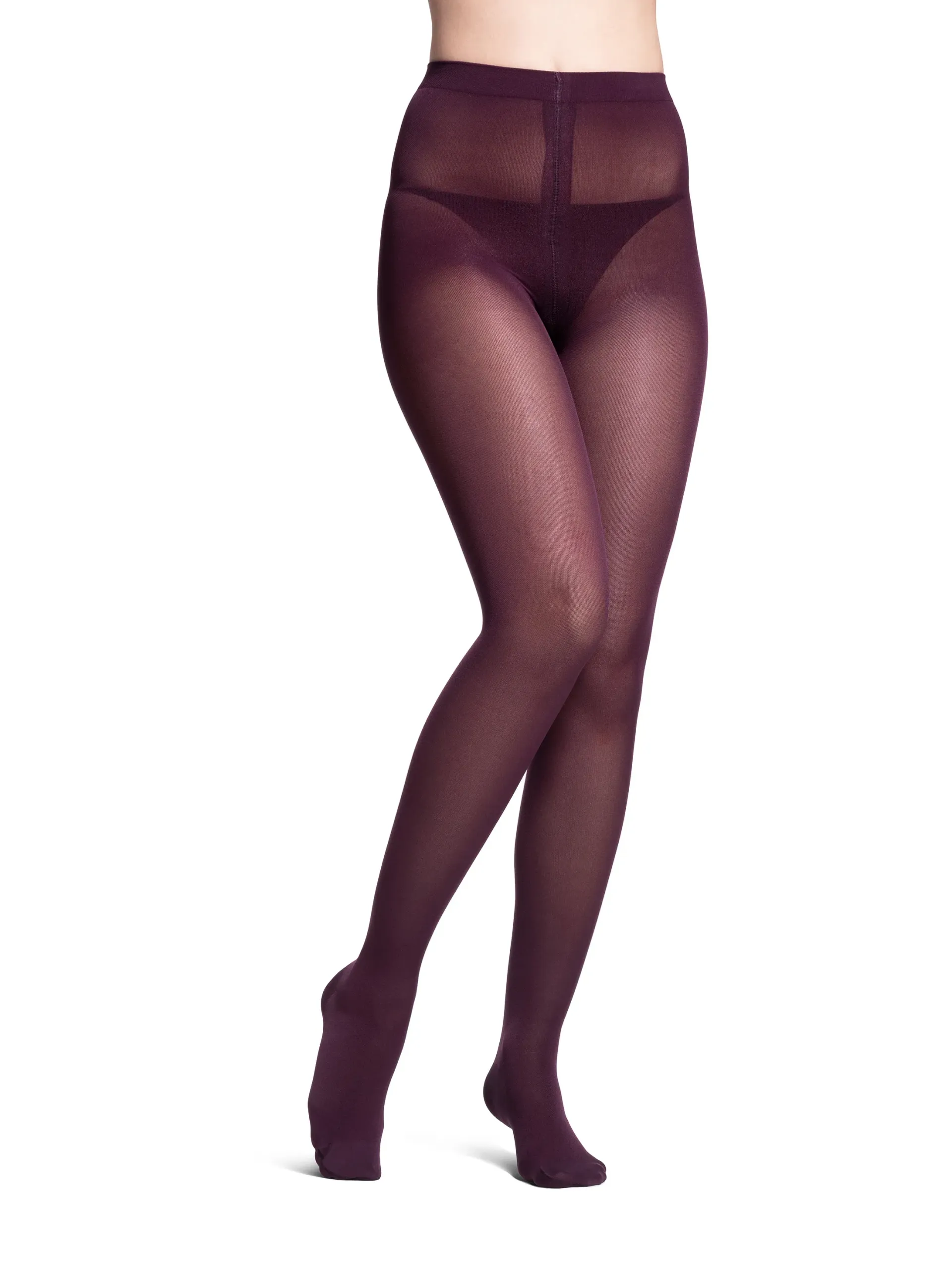 a woman is wearing purple tights on a white background