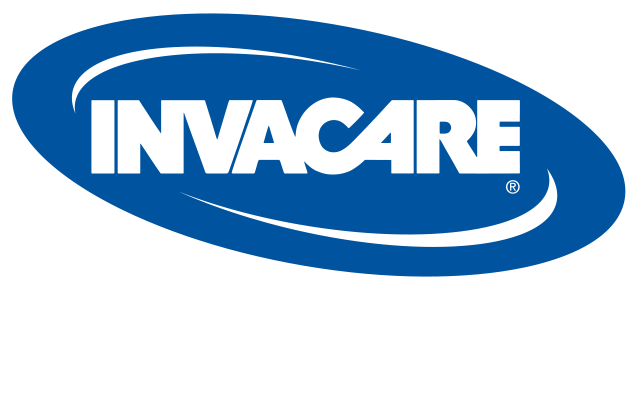 a blue and white invacare logo on a white background