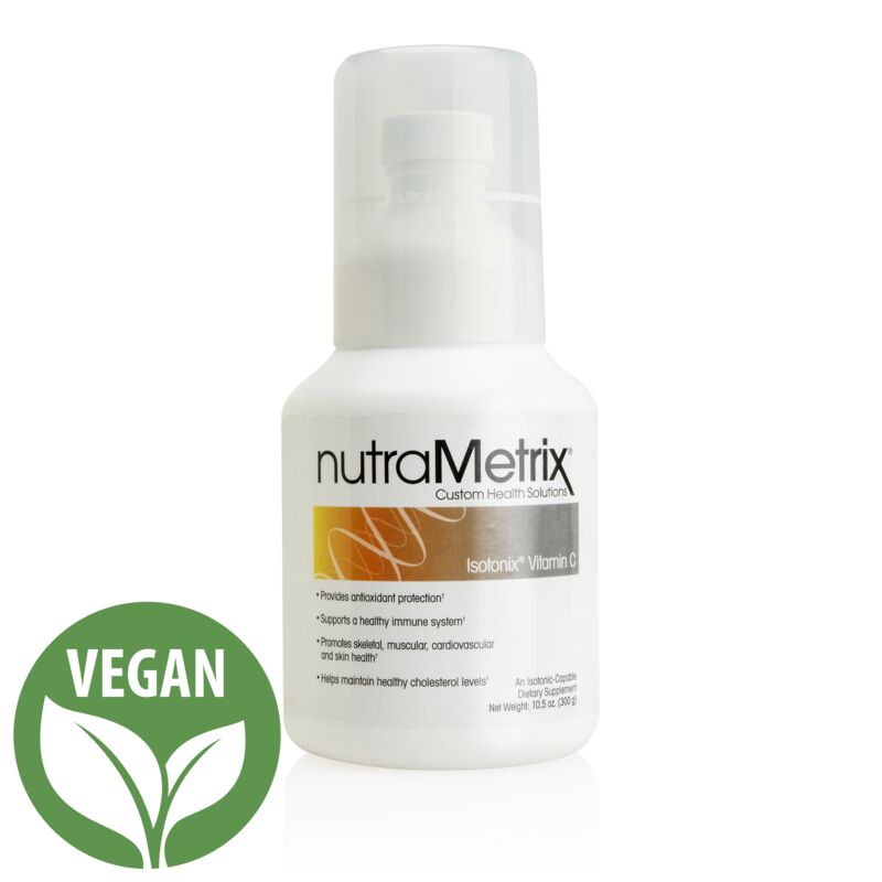 A white bottle of nutrametrix is vegan