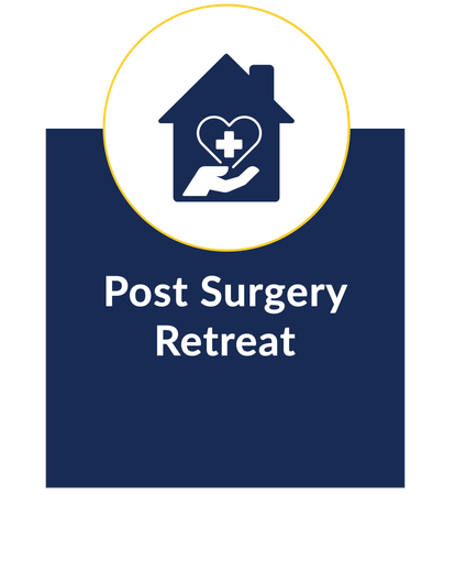 a blue sign that says post surgery retreat with an icon of a house and a hand holding a heart .