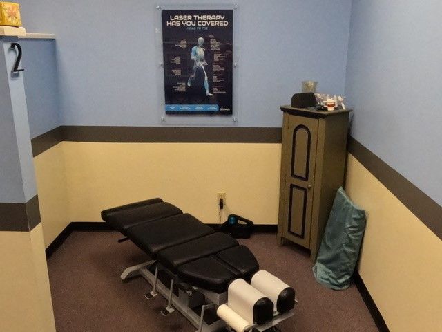 A room with a poster on the wall that says laser therapy