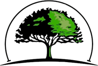 Stylized green and black tree logo with spreading canopy above a curved line