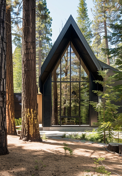 A house in the middle of a forest with a large window