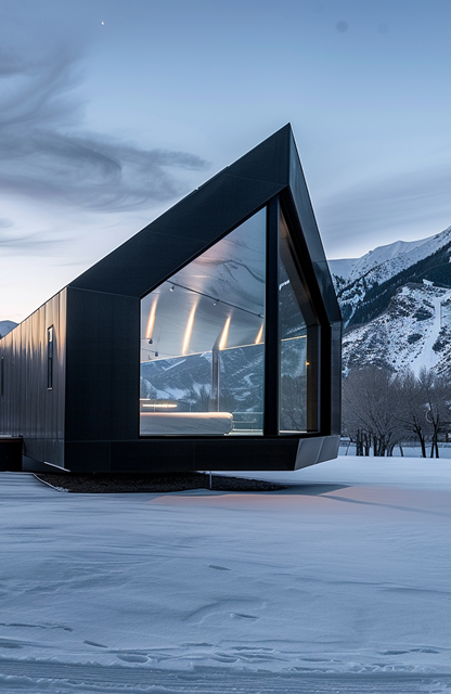 A modern house is sitting in the middle of a snow covered field.