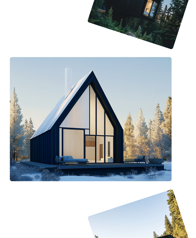 A collage of three pictures of a house in the woods