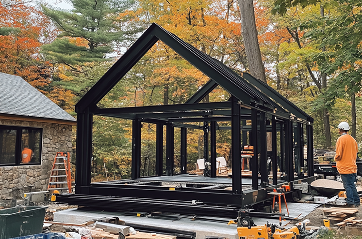A man is standing in front of a house under construction.