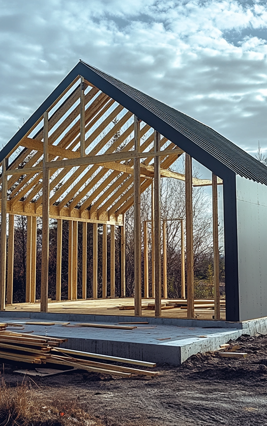 A house is being built with wooden beams and a roof.