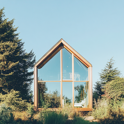 A small house with a lot of windows is surrounded by trees.