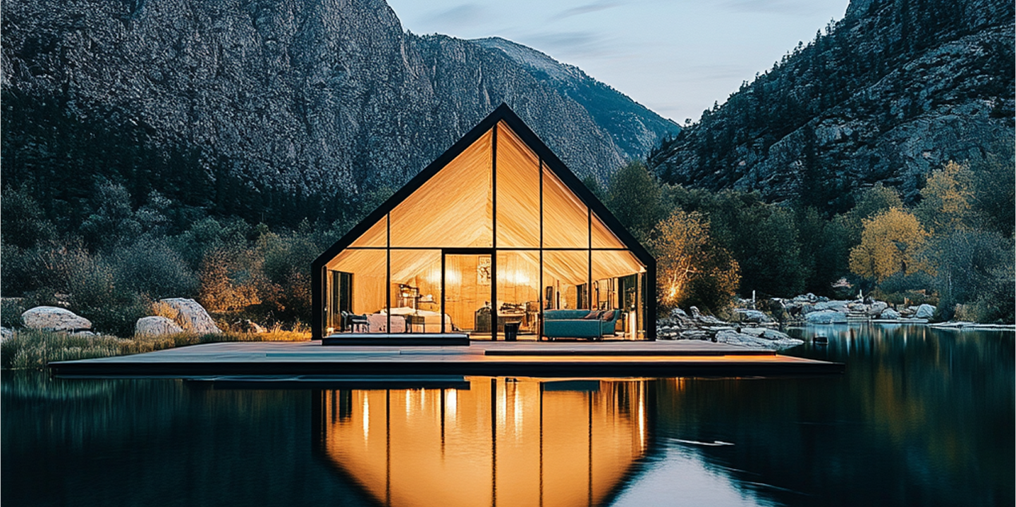 A house with a lot of windows is sitting on top of a lake surrounded by mountains.