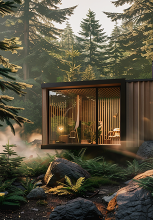 A small house in the middle of a forest surrounded by trees and rocks.