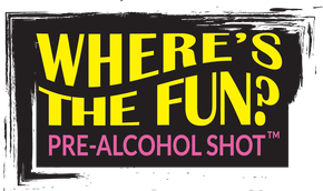 A logo featuring the yellow text "WHERE'S THE FUN?" over the pink text "PRE-ALCOHOL SHOT&trade;" on a black background.