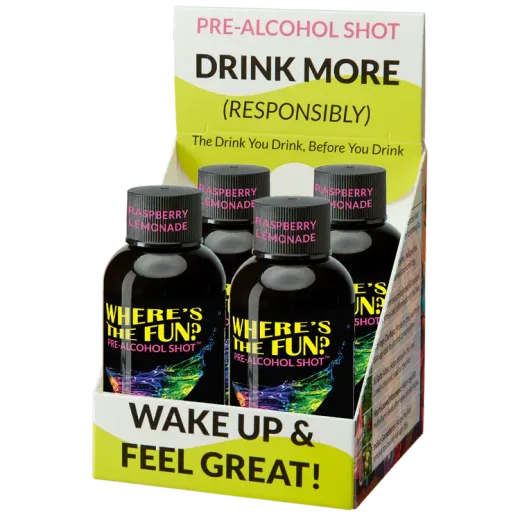 A retail display box containing bottles of 