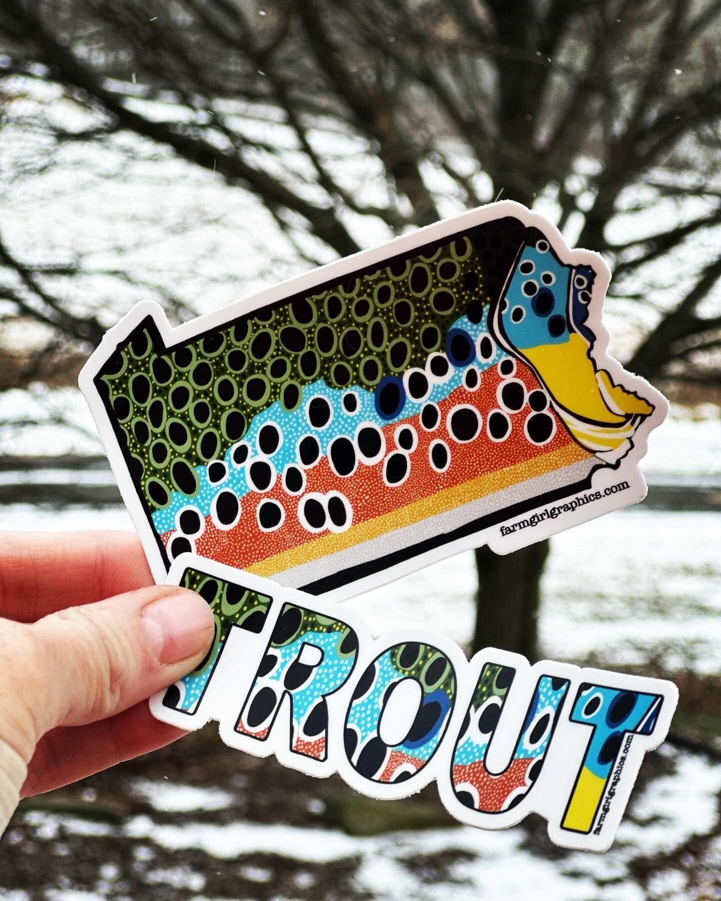 A person is holding a trout sticker in their hand.