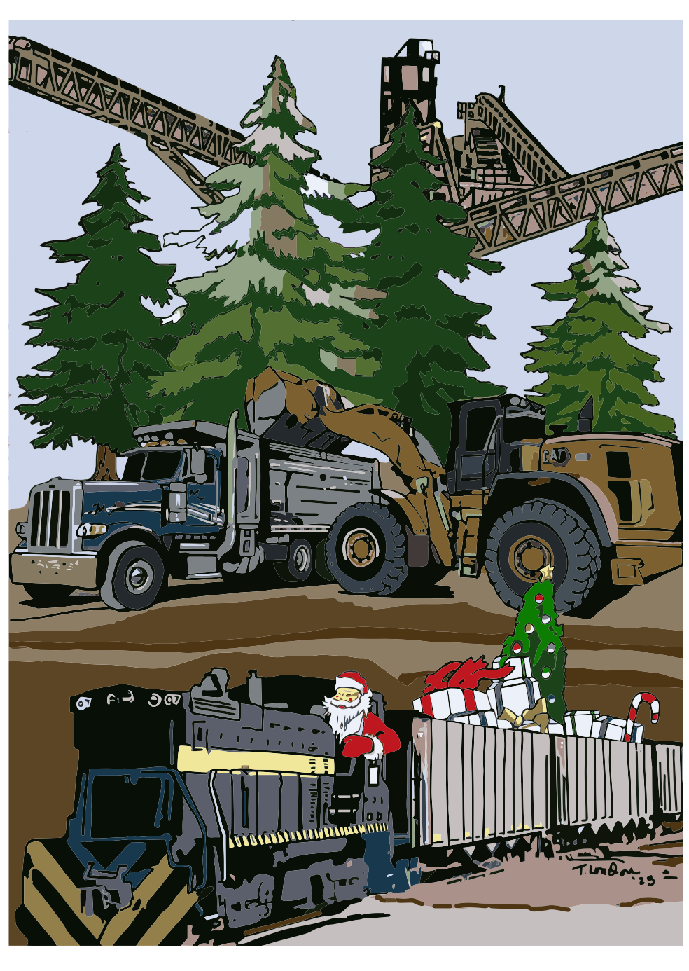 A drawing of a truck and a train with a christmas tree in the background