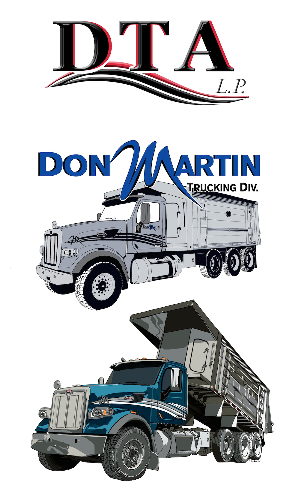 A dump truck and a semi truck are sitting next to each other on a white background.