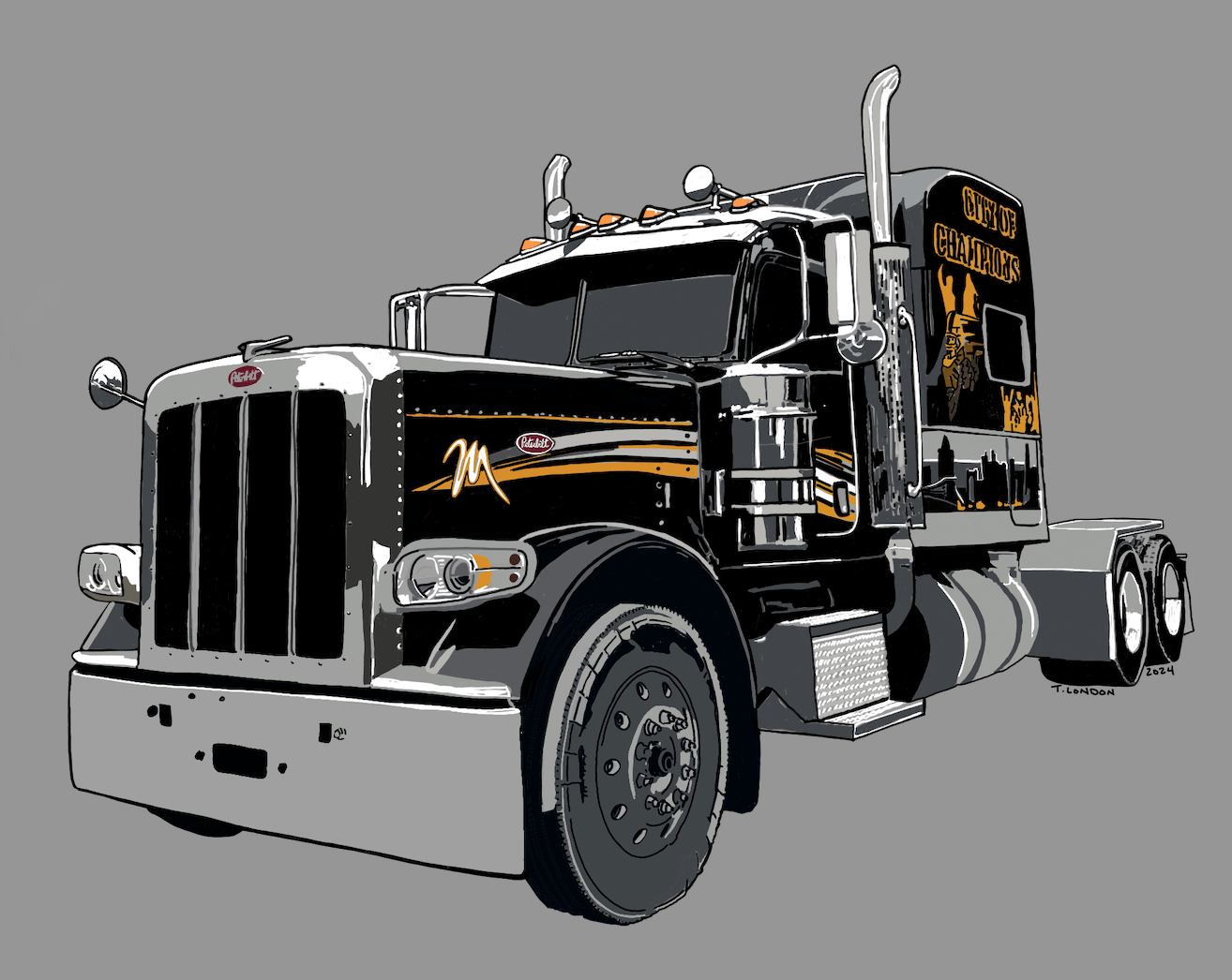 A peterbilt semi truck with a deer on the side