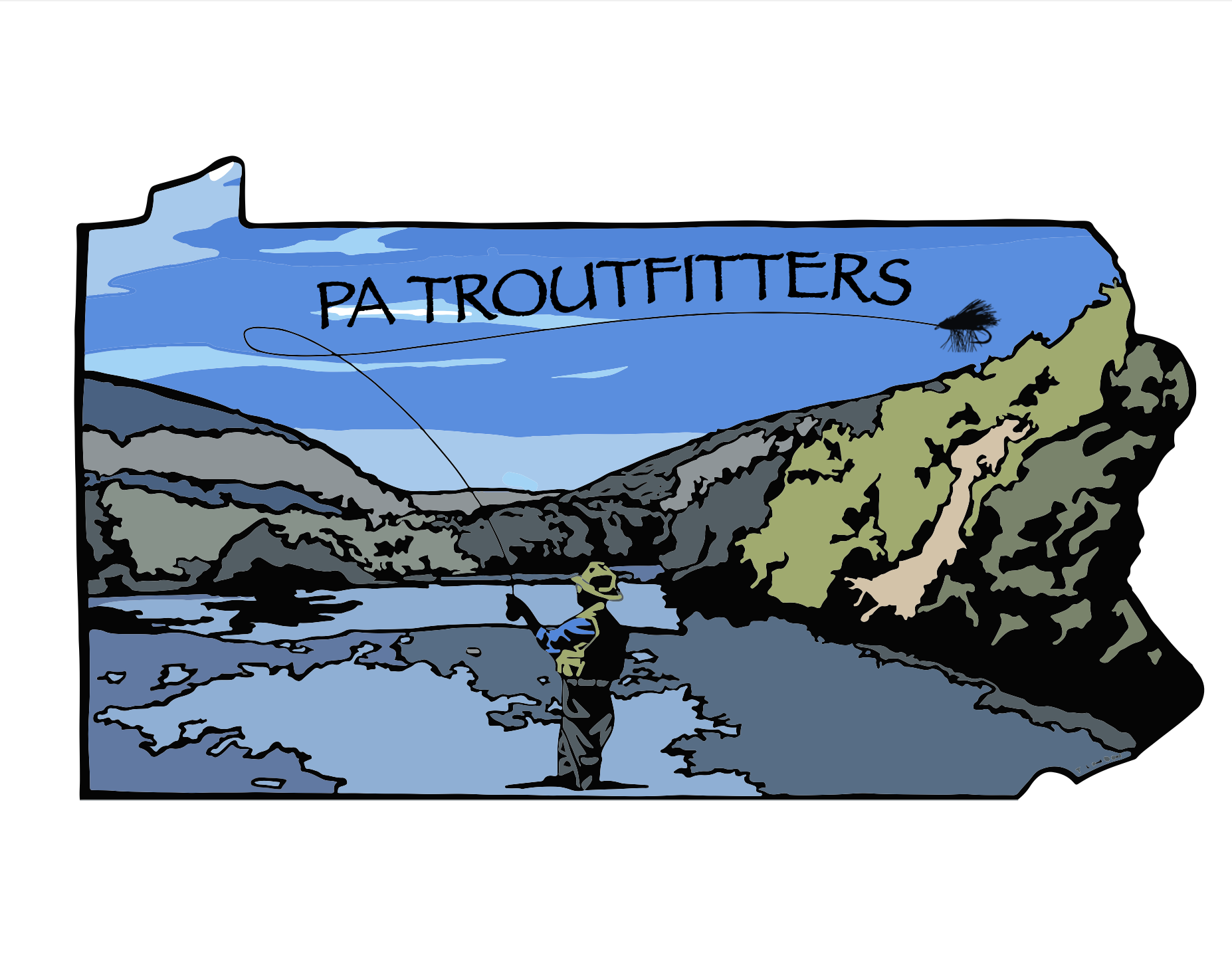 A cartoon drawing of a man fishing in pa