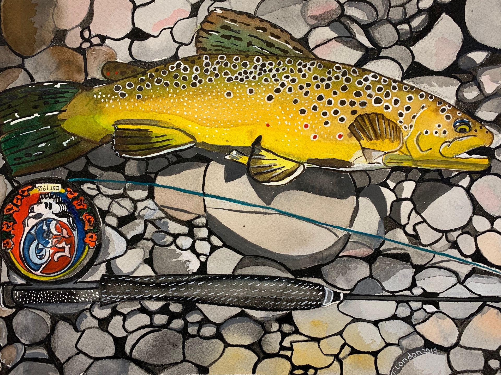 A painting of a brown trout with a fly rod