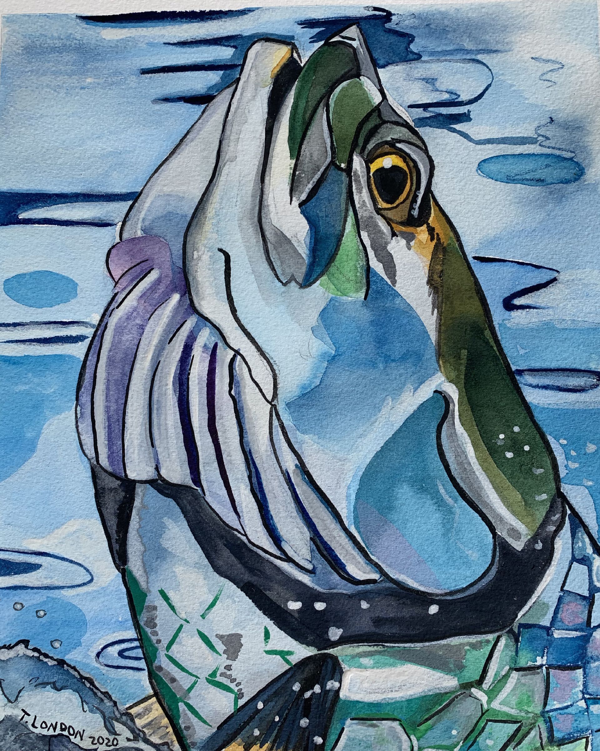 A painting of a fish with its mouth open