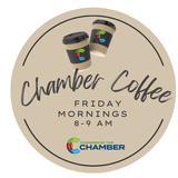 A blue circle with a cup of coffee and the words chamber coffee friday mornings 8-9 am