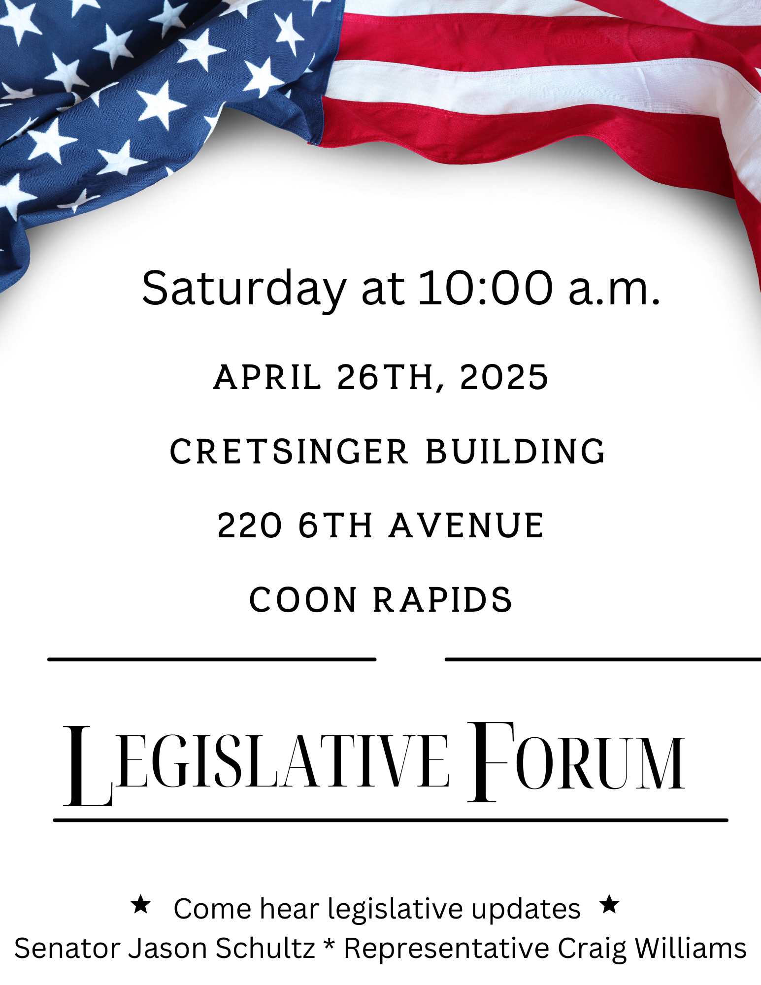 A poster for the legislative forum on April 26th.