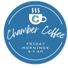 A blue circle with a cup of coffee and the words chamber coffee friday mornings 8-9 am