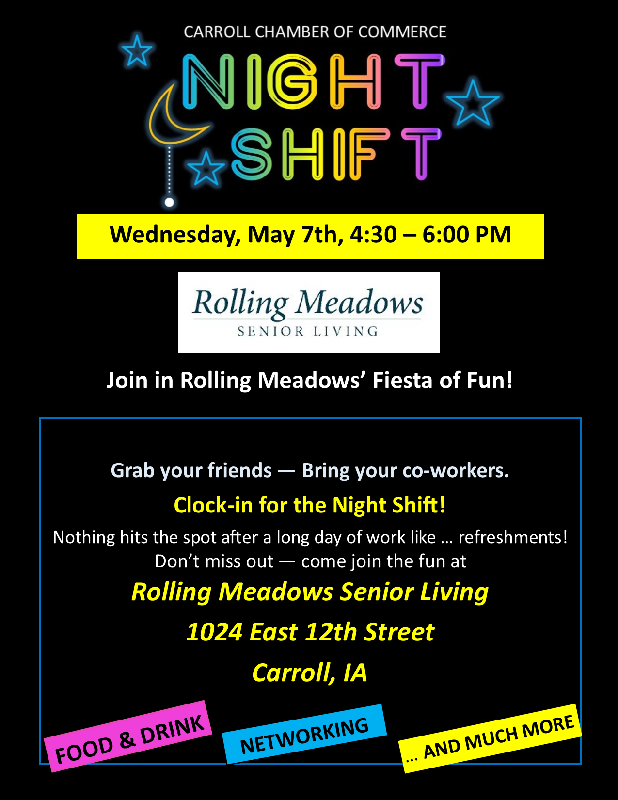 A flyer for the May 7 night shift at rolling meadows senior living