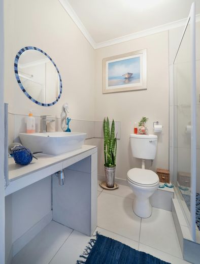 Bathroom with a white sink, toilet, and shower. Blue accents, painting, and a plant.