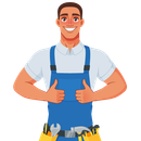 A man in overalls is giving a thumbs up sign.