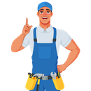 A man in blue overalls is pointing up with his finger.