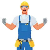 A cartoon illustration of a construction worker wearing overalls and a hard hat.