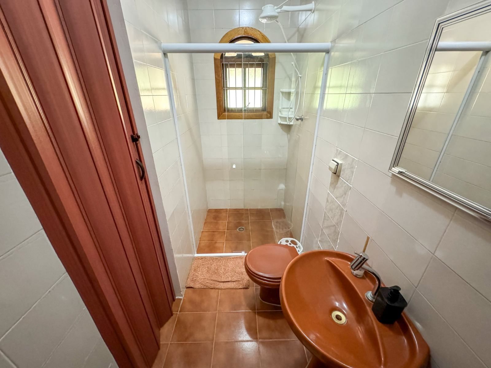 Banheiro pequeno com vaso sanitário marrom, pia, porta e azulejo. Box de vidro, janela.