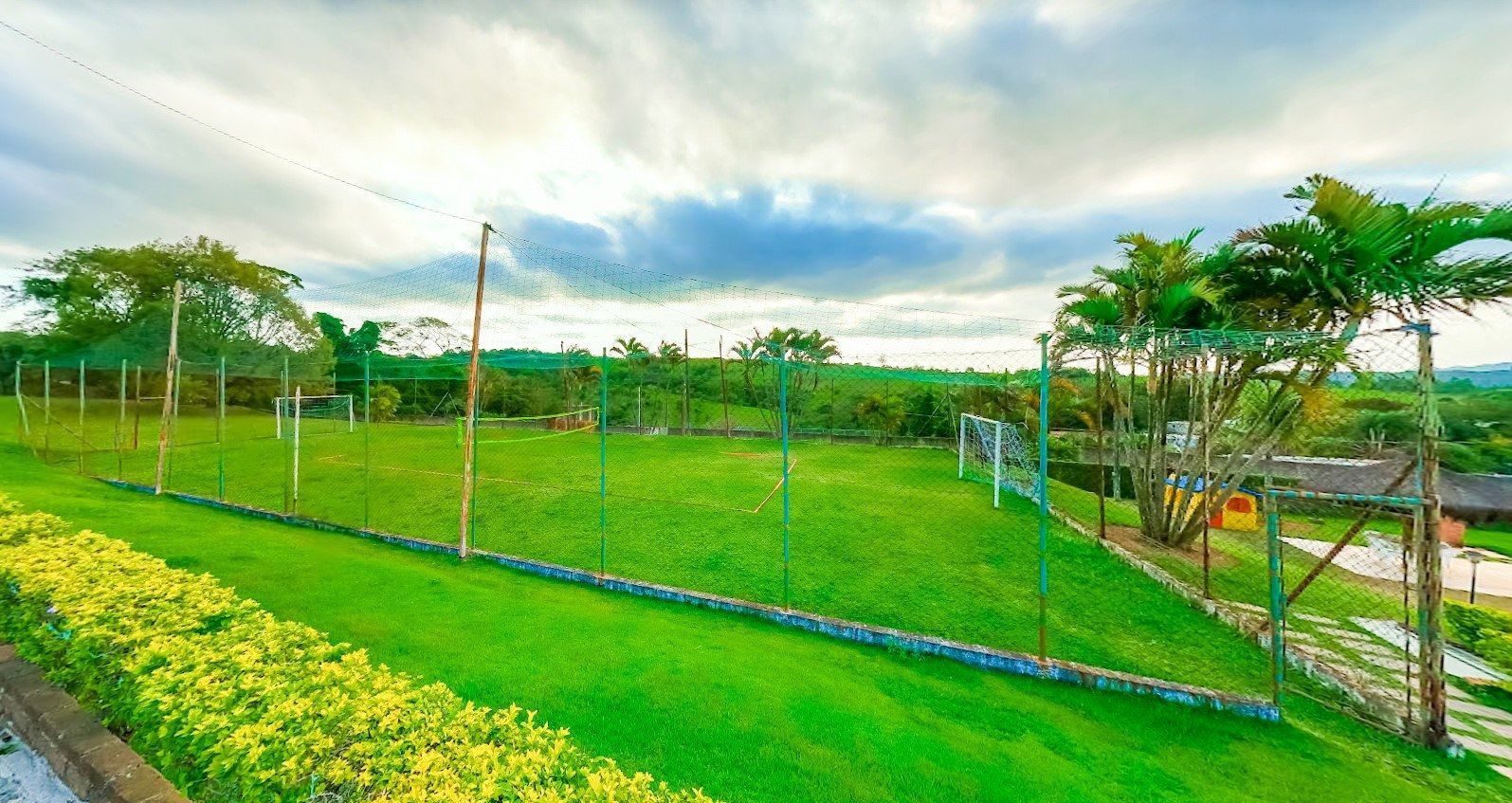 Campo de futebol verde com gols e redes de proteção, grama viçosa, palmeiras e céu nublado.